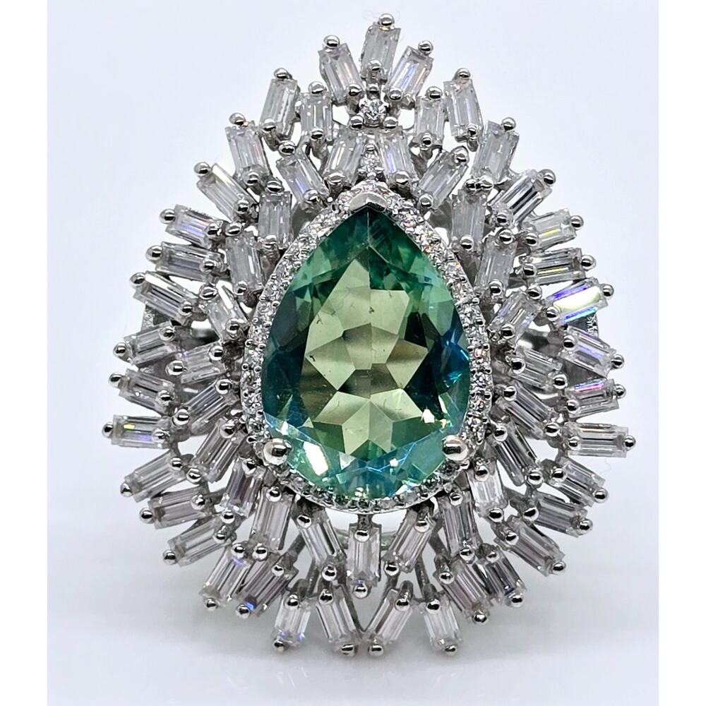 Peacock Quartz & Moissanite Feather Ring, Size 6